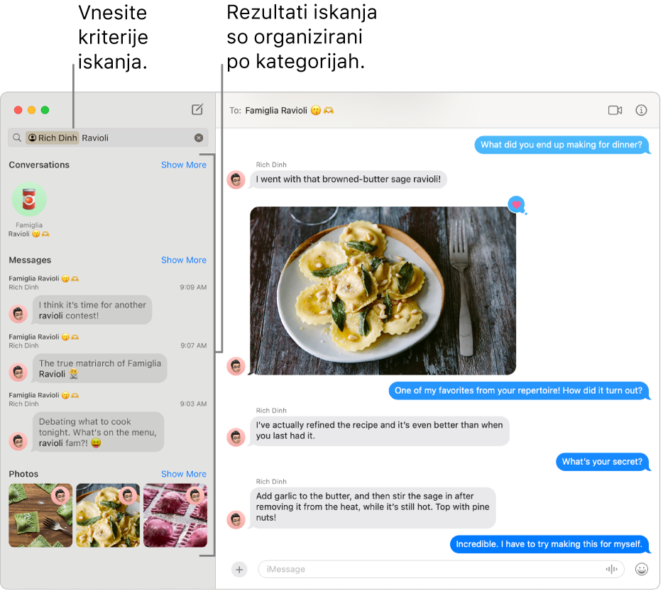 Okno Sporočil z merili iskanja, vnesenimi v iskalno polje v zgornjem levem kotu. Spodaj so prikazani rezultati iskanja, urejeni po kategorijah, kot so Pogovori, Sporočila in Fotografije.