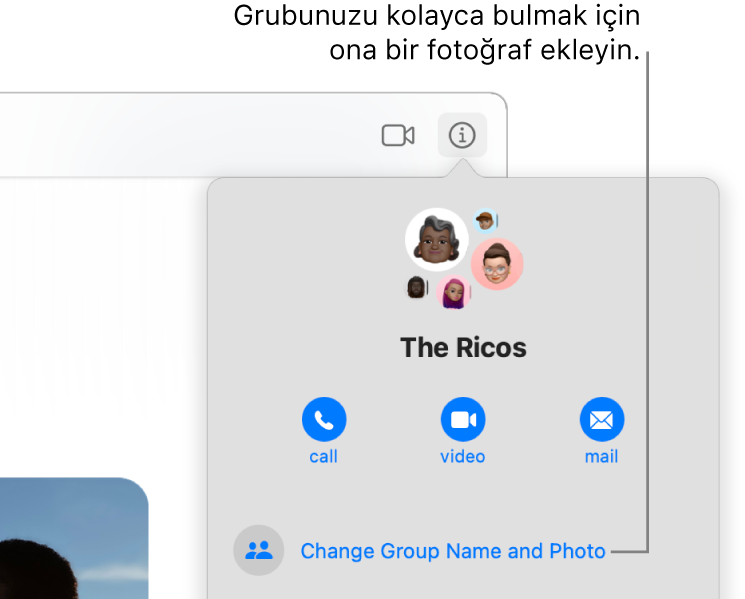 Yazışmada Bilgi düğmesini tıkladığınızda görünen grup yazışmasının Bilgi görüntüsü, grup üyelerinin simgelerini ve grup adını gösteriyor. Grup adının altında, sesli veya görüntülü FaceTime araması yapma ya da gruba e-posta gönderme düğmeleri var. Bunların altında, grup adını ve fotoğrafını değiştirme düğmesi bulunuyor.