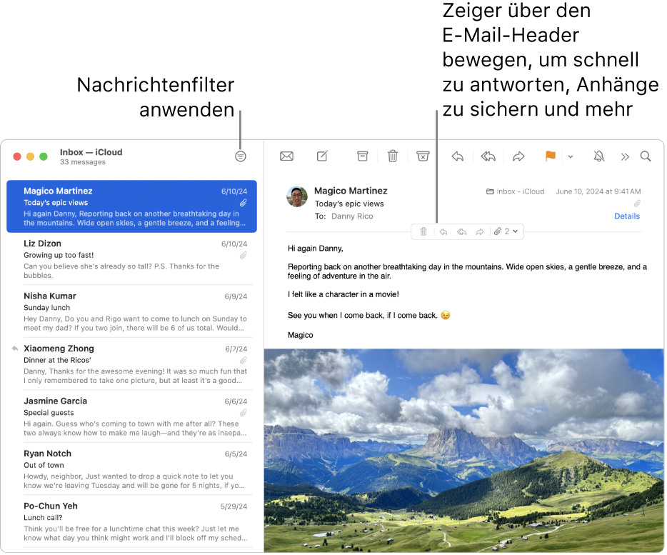 Das Mail-Fenster. Klicke auf die Taste „Filter“ in der Symbolleiste, um Nachrichtenfilter anzuwenden. Bewege den Zeiger über den Header-Bereich einer E-Mail, um Tasten zum Antworten, Sichern von Anhängen und mehr einzublenden.