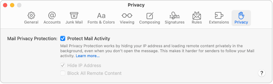 El panel Privacidad en la configuración de Mail.