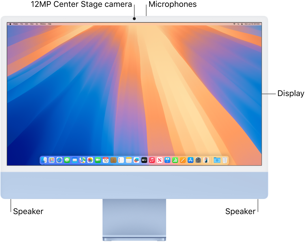 Front view of iMac showing the display, camera, microphones, and speakers.