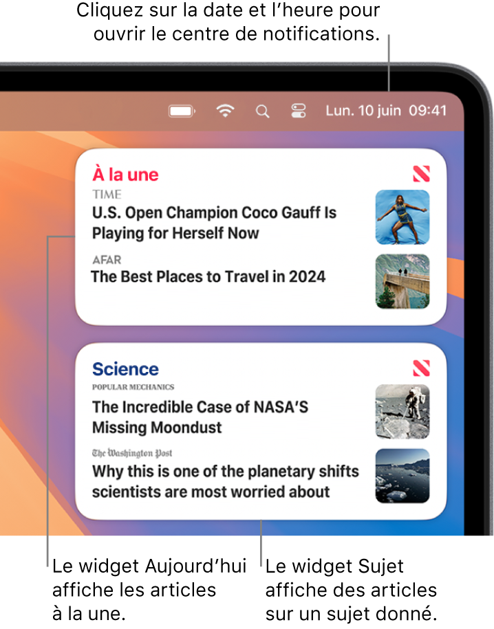 Les widgets Aujourd’hui et Sujet dans le centre de notifications.
