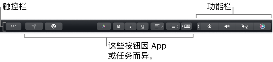 横贯键盘顶部的触控栏，显示右侧折叠的功能栏，按钮因 App 或任务而异。