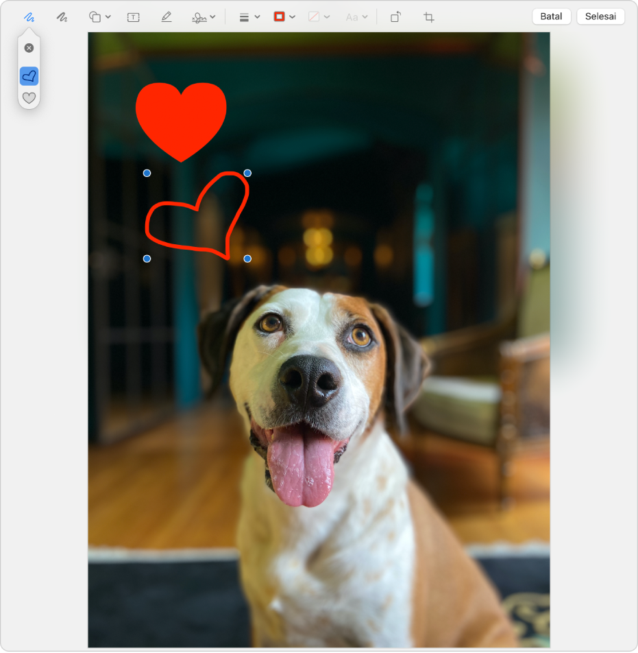 Imej dengan hati dilukis di atas menggunakan alat Penanda.