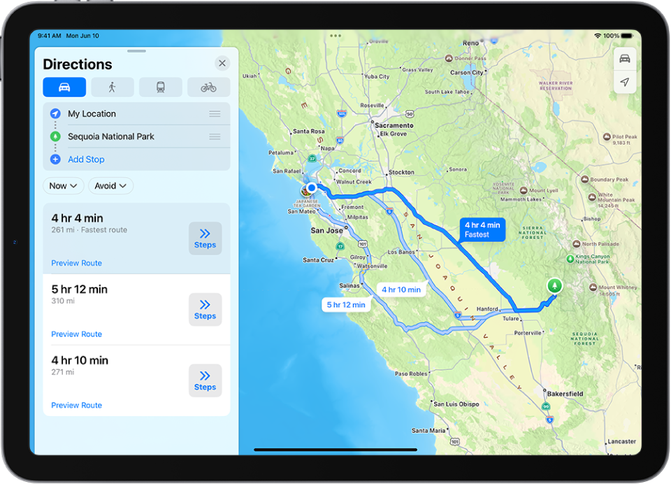 An iPad showing a map with several driving route options to the same destination. Each route shows the estimated time and distance, and a Steps button to see detailed directions. Color coding on each route indicates traffic conditions.