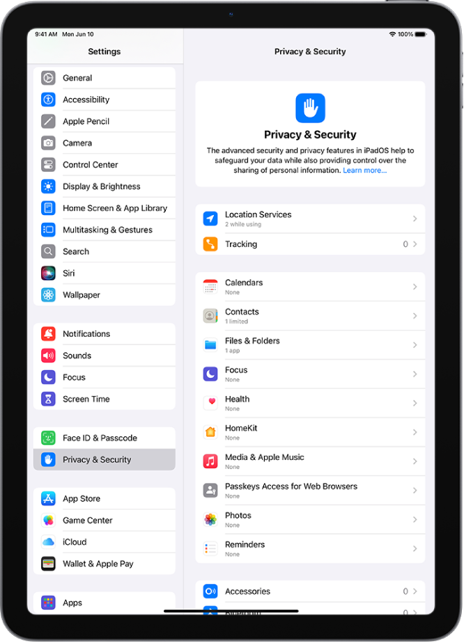 Location Services settings in Privacy & Security settings, with options for sharing the location of your iPad, including custom settings for individual apps.