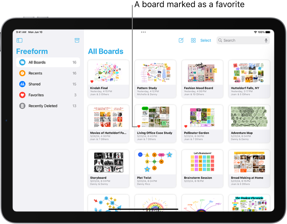 Freeform is open on iPad. All Boards is selected in the sidebar, and board thumbnails appear on the right.