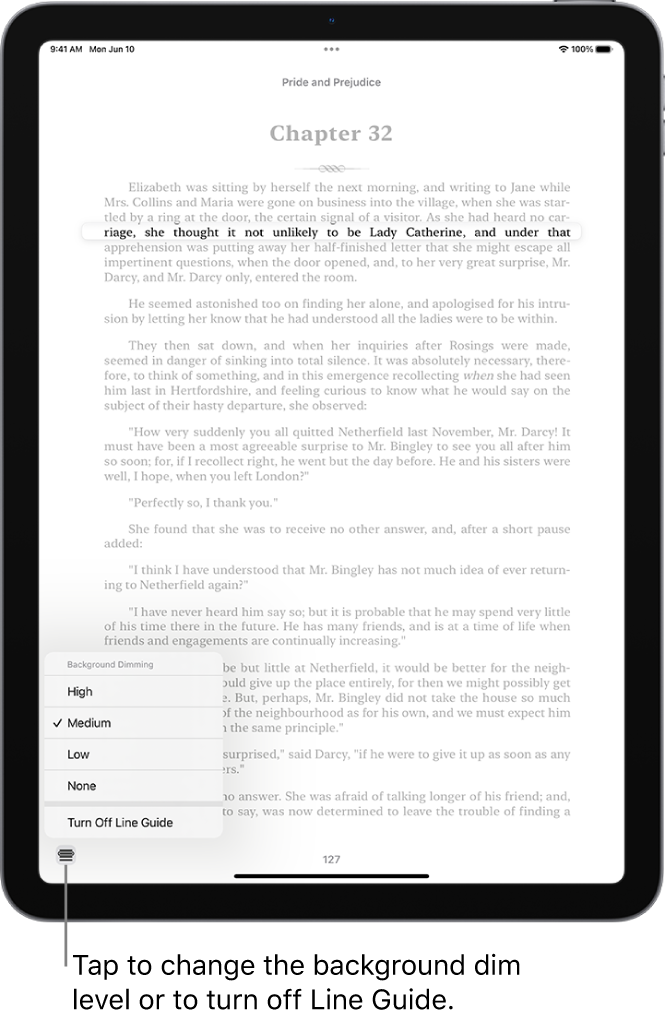 A page of a book in the Books app. A single line of text is highlighted and the rest of the text is dimmed. In the bottom-left corner of the screen is the Line Guide Menu button.