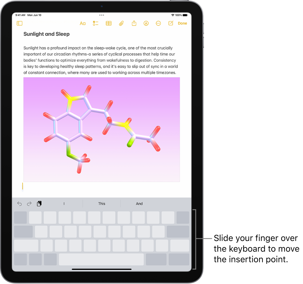 A document is open in the Notes app. The onscreen keyboard in the bottom half of the screen is in trackpad mode.