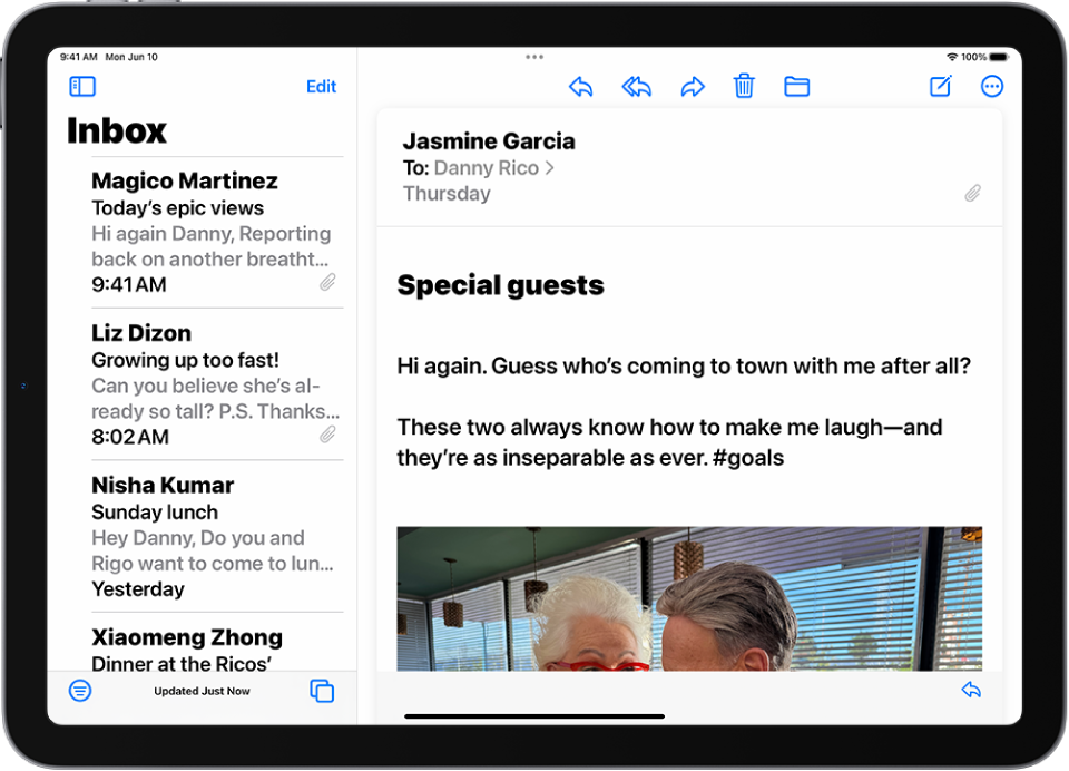 An iPad with the Mail app open. Emails are displayed with large, bold text.