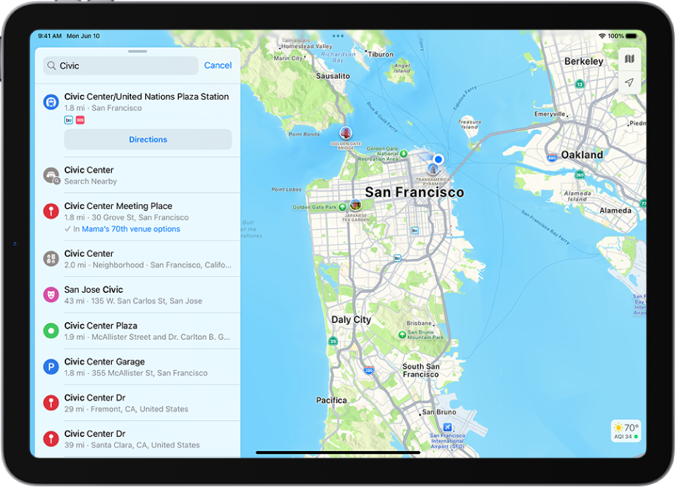 The Maps app showing a map of an area. The search field is in the top left, with results from a search query listed below.