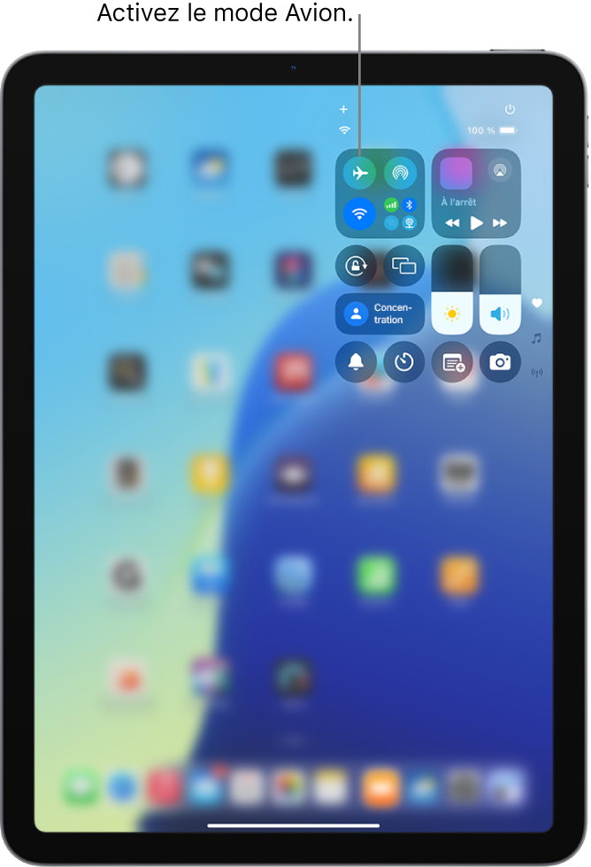 L’écran du centre de contrôle montrant qu’une pression sur le bouton en haut à gauche active le mode Avion.