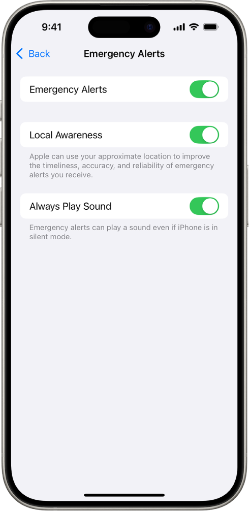 The Emergency Alerts screen, with Emergency Alerts, Local Awareness, and Always Play Sound turned on.