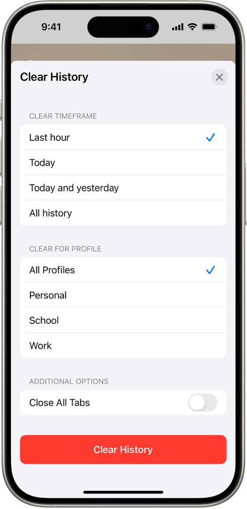 The Clear History menu. Below Clear Timeframe, Last hour is selected. All Profiles is selected below Clear For Profile. The Clear History button is at the bottom of the screen.