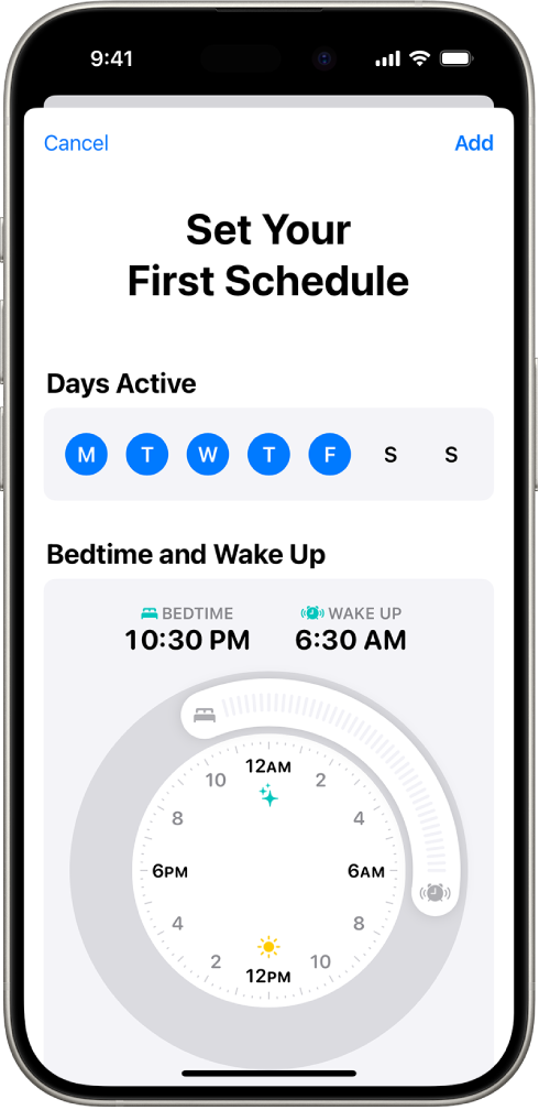 The Set Your First Schedule screen in Health, with a Days Active section and a Bedtime and Wake Up clock.