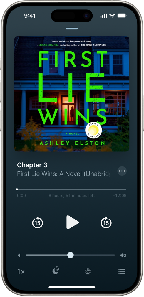 The audiobook player screen showing, from top to bottom, the audiobook cover, the name of the section that’s playing, the playhead, pause button, and the skip forward and back buttons. At the bottom is the volume slider and below that are buttons for controlling playback speed, setting a sleep timer, choosing a playback destination, and viewing a list of the book’s tracks.