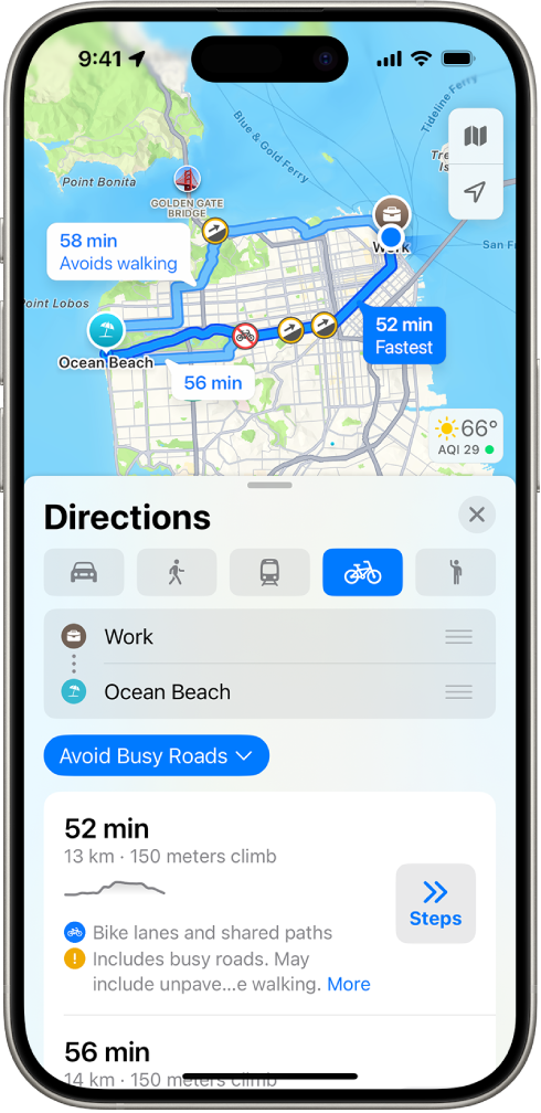 A map showing cycling route options. The route card at the bottom provides details, including estimated travel times, elevation changes, and the types of roads. A Go button appears to the right of the details.