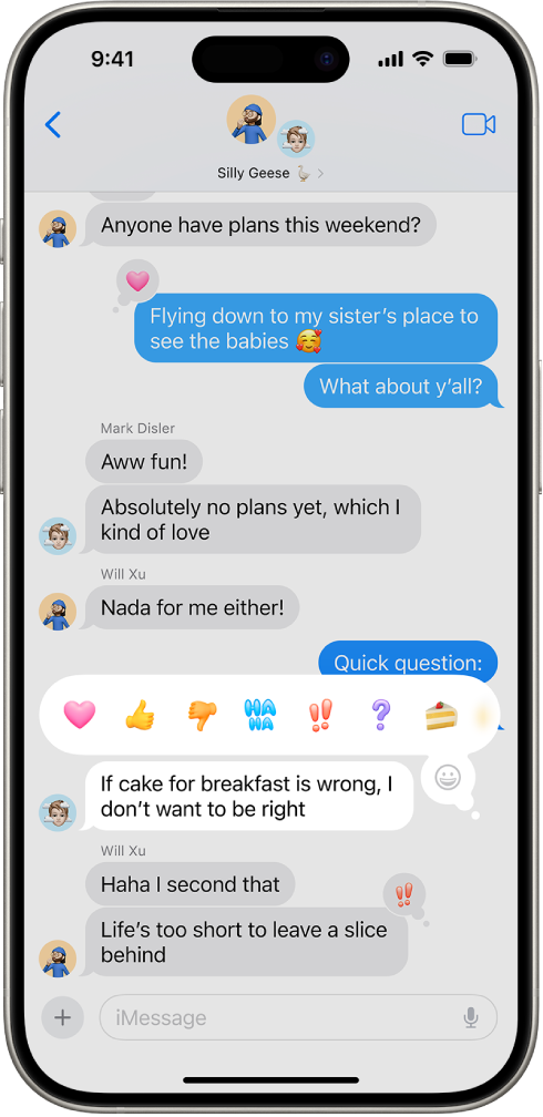 A conversation in the Messages app. A message is selected and shows Tapback options that include emoji.