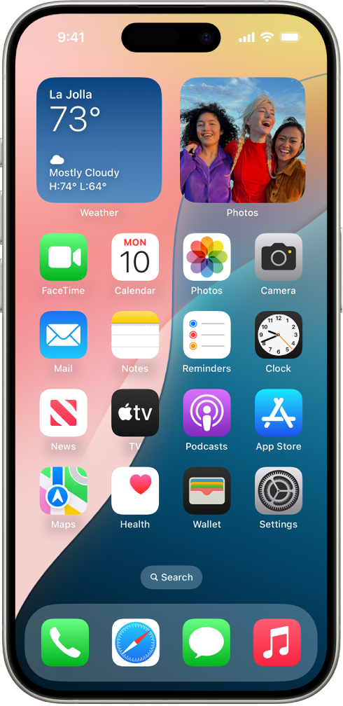 A screenshot showing an example of the default Home Screen that comes with iOS 18.