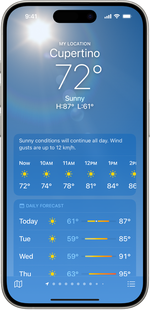 The Weather screen showing, from top to bottom: the location, current temperature, the high and low temperatures for the day, hourly forecast, and 10-day forecast. A row of dots at the bottom center shows how many locations are in the location list. At the bottom-right corner is the Location List button and at the bottom-left corner is the Show Map button.