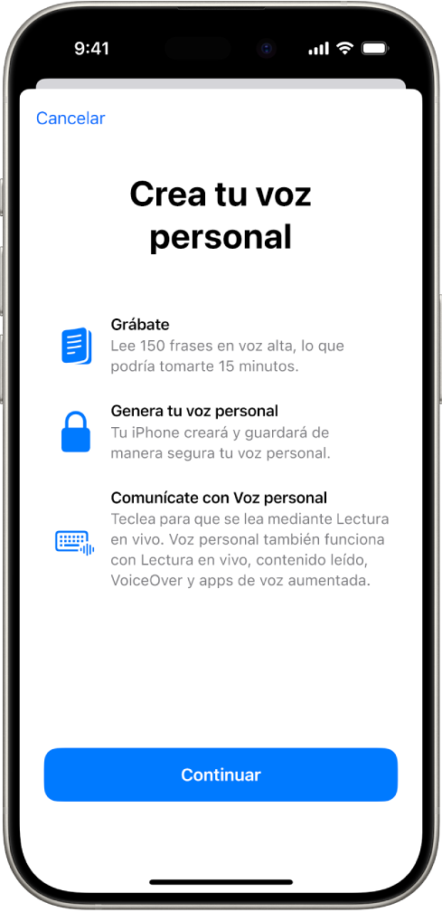 Un iPhone con información sobre cómo crear una voz personal.