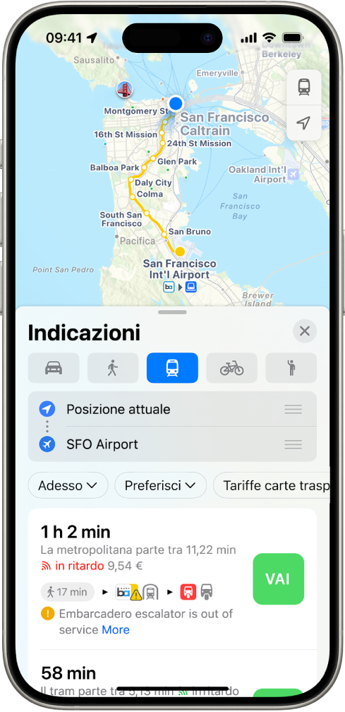 Una mappa che mostra un percorso con i mezzi pubblici. La scheda dell’itinerario in basso contiene dettagli del percorso, inclusi tempo stimato e il costo complessivo. Il pulsante Vai viene mostrato a destra dei dettagli.