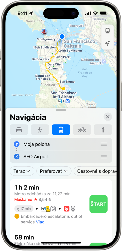 Mapa zobrazujúca trasy verejnou dopravou. Na karte trasy v dolnej časti sú uvedené podrobnosti trasy vrátane odhadovaného času cesty a celkovej ceny. Napravo od podrobností je tlačidlo Štart.