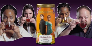 collage of shondaland staffers sipping tea imposed in front of a purple background