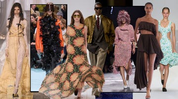 several models are featured wearing diverse outfits that include a sheer lace dress, a vibrant floral maxi dress, an oversized jacket, a black feathered ensemble, and a draped brown dress