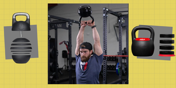 individual performing a kettlebell exercise in a gym