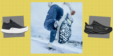 footwear display showcasing running shoes with a person running in snowy terrain