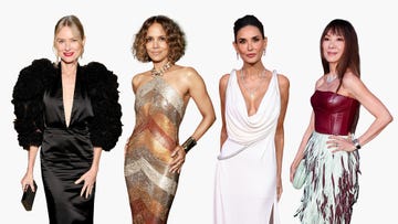 group of four women in glamorous evening dresses and accessories