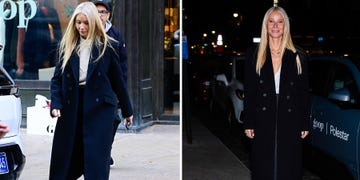 gwyneth paltrow wearing a long black coat and holding a phone captured in two different outdoor settings