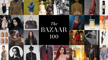 collage showcasing various fashion elements and individuals featured in the bazaar 100