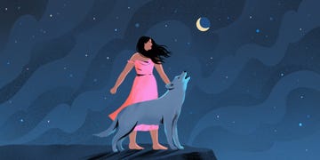 a person in a pink dress with a wolf