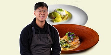 a man smiling next to a plate of food