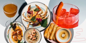 a colorful array of dishes and drinks showcasing seafood and appetizers