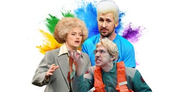 composite image featuring three individuals with distinctive hairstyles and outfits against a colorful splash background