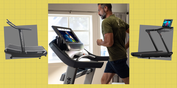 display of fitness equipment including treadmills and a person exercising