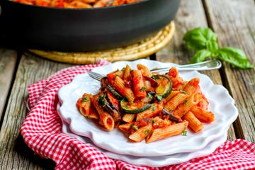 Roasted Zucchini and Eggplant Puttanesca Pasta