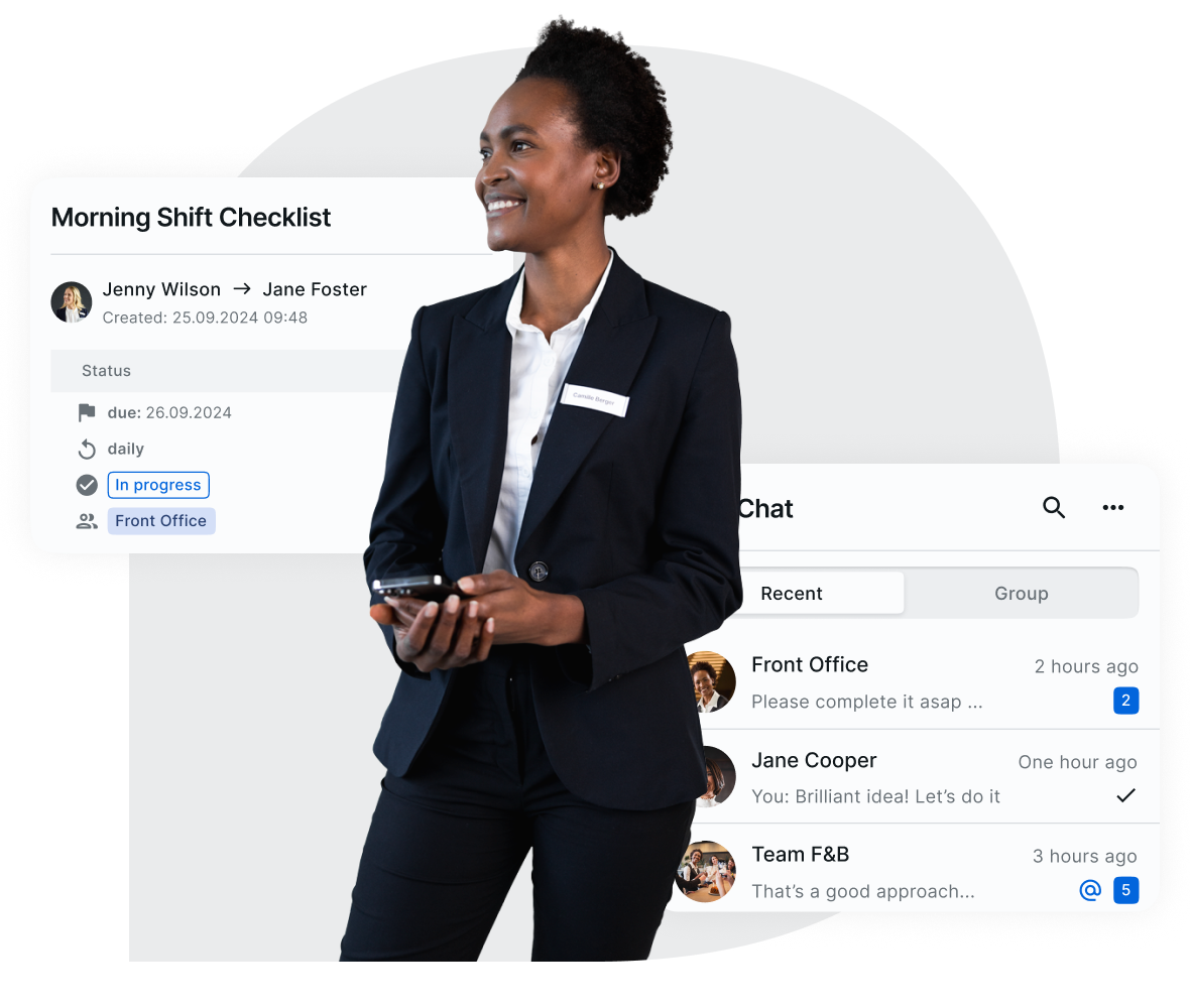 Smiling female Front Office in a dark suit holding a smartphone, with overlay elements displaying a 'Morning Shift Checklist' and a chat interface overlay shows recent conversations.