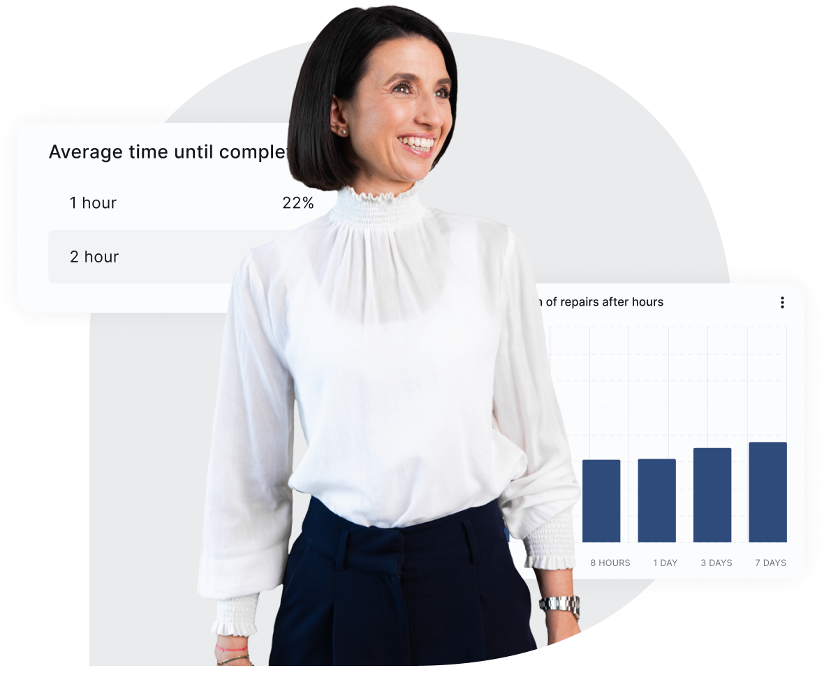 Smiling female General Manager in a white blouse standing confidently, with overlays displaying a dashboard showing average time until completion of repairs (e.g., 1 hour and 2 hours) and a bar chart comparing durations of repairs after hours for different time intervals.