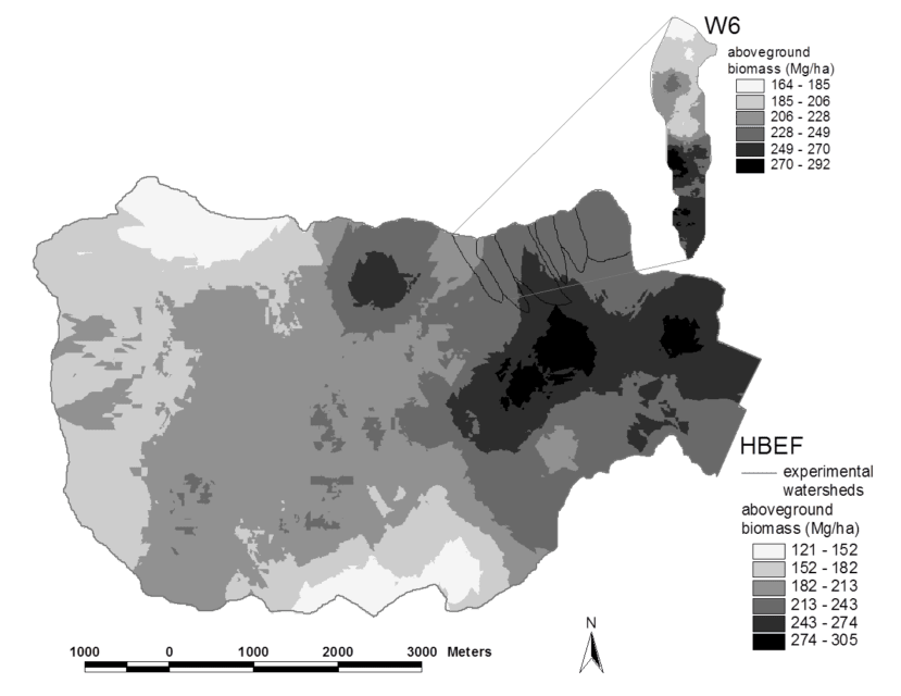 Figure 2. Spatial pattern of estimated aboveground biomass in the reference watershed (W6) and across the Hubbard Brook valley in 1997. The W6 map is based on a 100% survey, gridded at 25 x 25 m spatial scale. The valley-wide interpolations are based on 450 plots (0.05 ha each). Error estimates are given in the text. (Fahey et al., 2005).