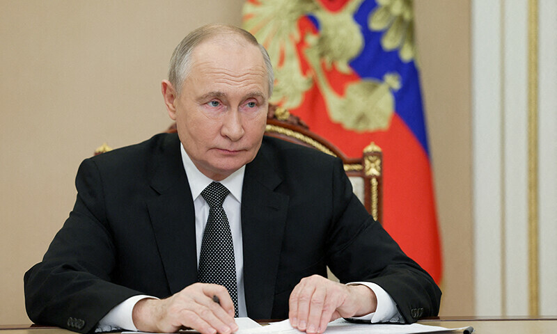 Russian President Vladimir Putin takes part in the ceremony to launch Chukotka nuclear-powered icebreaker via video link, at the Kremlin, in Moscow, Russia on November 6. — Reuters