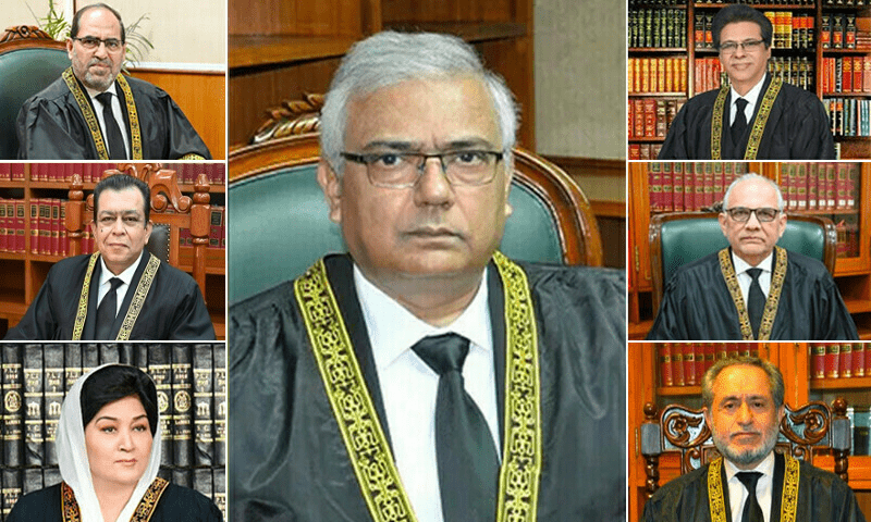 This collage shows SC constitutional bench judges — namely Justices Aminuddin Khan, Jamal Khan Mandokhail, Naeem Akhtar Afghan, Muhammad Ali Mazhar, Hassan Azhar Rizvi, Musarrat Hilali, and Shahid Bilal Hassan.