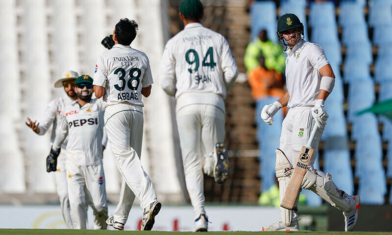 South Africa’s Tristan Stubbs (R) walks back to the pavilion after his dismissal by Pakistan’s Mohammad Abbas during the first day of the first cricket Test match between South Africa and Pakistan at SuperSport Park in Centurion on December 26. — AFP