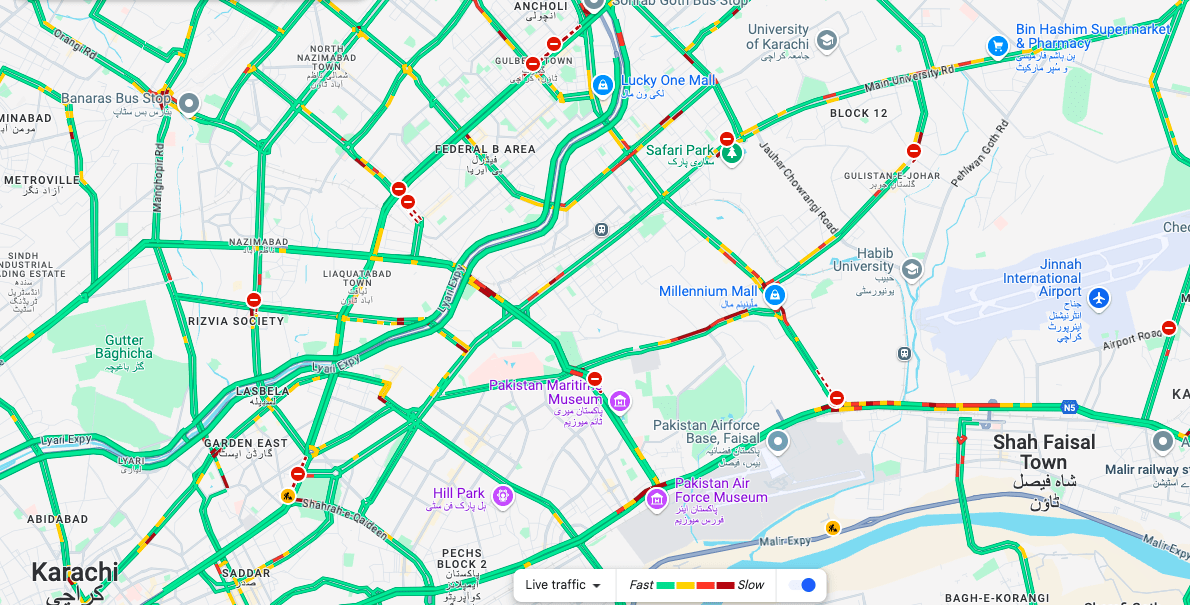 Karachi’s ongoing traffic hurdles during closure of major roads due to protests against Parachinar killings. — Screengrab taken from Google Maps traffic updates