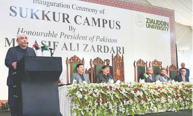 SUKKUR: President Asif Ali Zardari speaks at the inauguration ceremony, on Saturday.—PPI