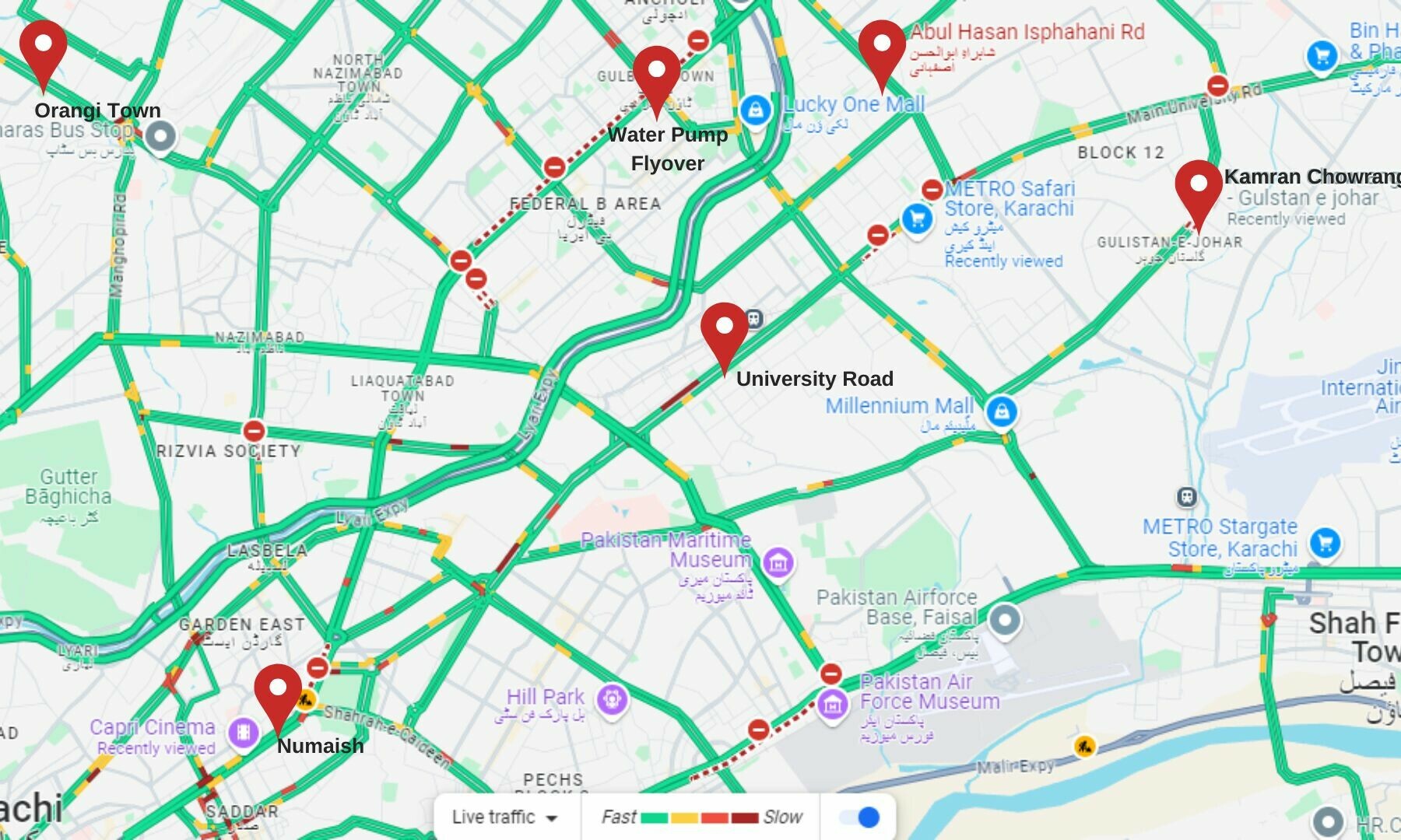  This Google Maps screengrab, taken at around 4:30pm, has been edited to show six out of seven locations where protests have been reported across Karachi on Jan 1, 2025. It also shows road blockades reported due to various reasons. — via Google Maps 