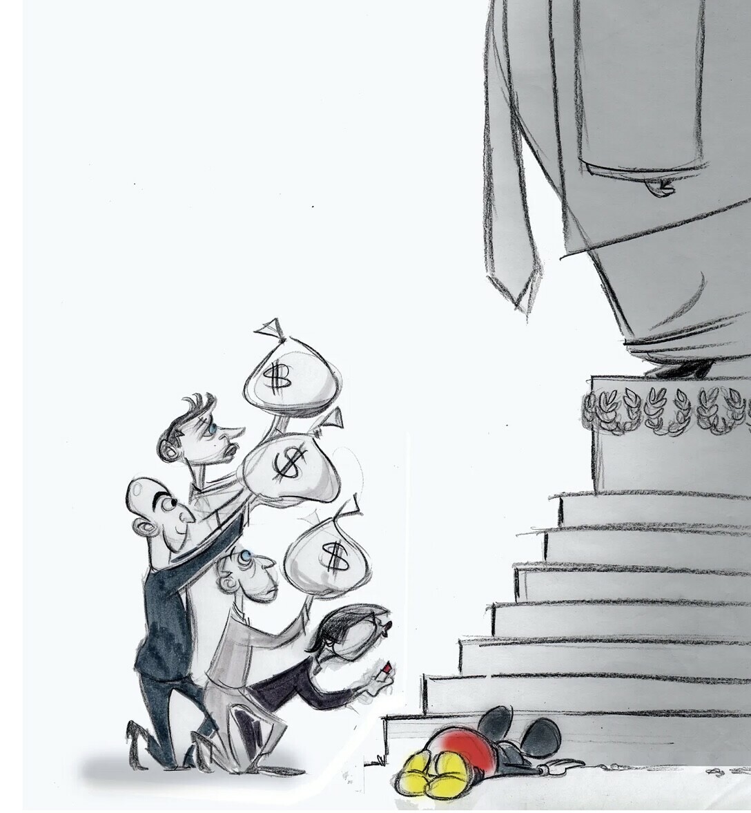 Cartoon depicts Amazon founder and Washington Post owner Jeff Bezos, as well as Facebook and Meta founder Mark Zuckerberg and other media and tech moguls, kneeling and holding up bags of money before a massive Trump. — Illustration by Ann Telnaes on Substack